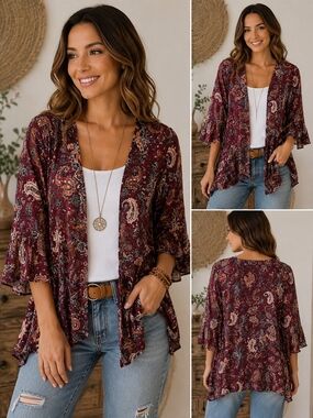 Jody California Floral Paisley Open Front Kimono - Wine